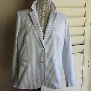 J Crew L 16 Two Buttons Cotton Blazer Blue White Stripes Lining Pockets Women's